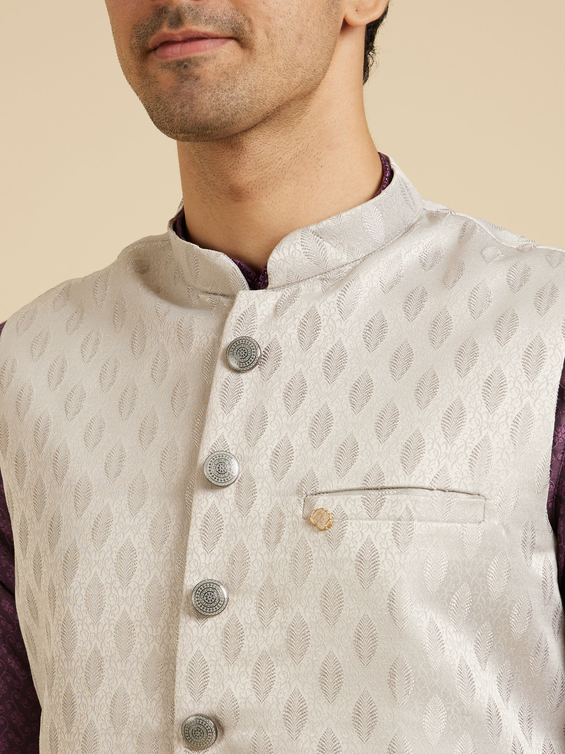 Manyavar Men Luxurious Light Grey Brocade Nehru Jacket