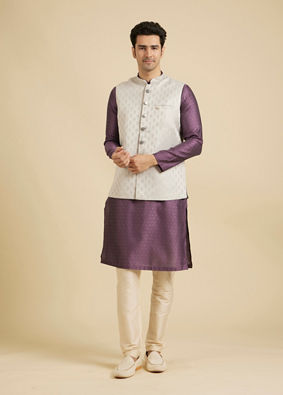 Manyavar Men Luxurious Light Grey Brocade Nehru Jacket image number 2