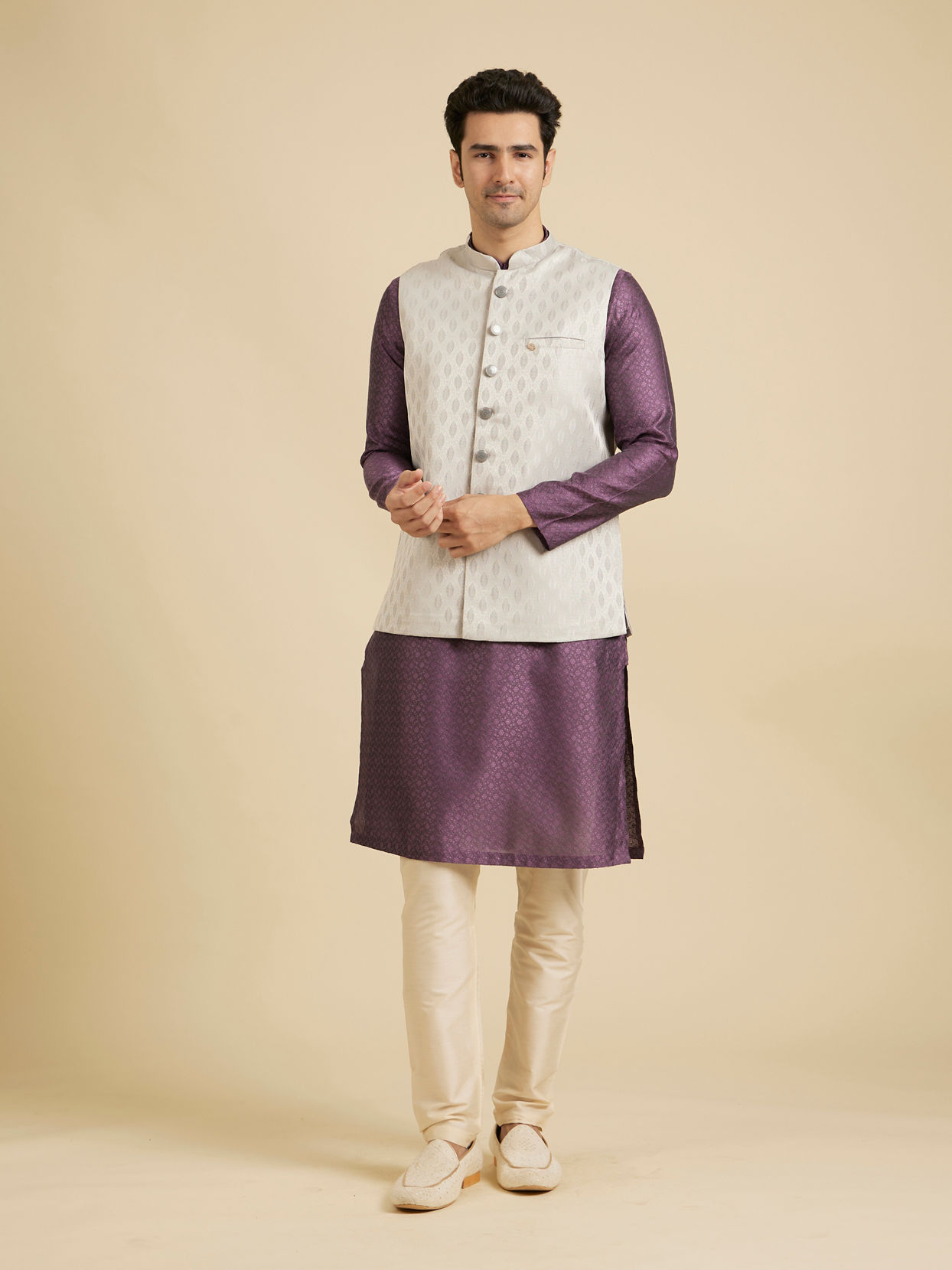 Manyavar Men Luxurious Light Grey Brocade Nehru Jacket image number 2