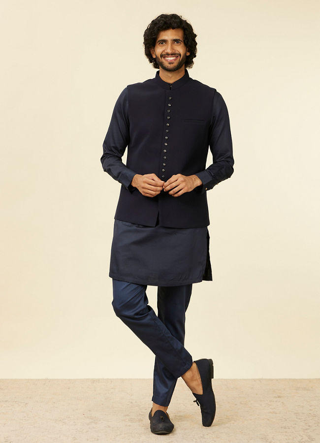 Manyavar Men Classic Dark Blue Nehru Jacket