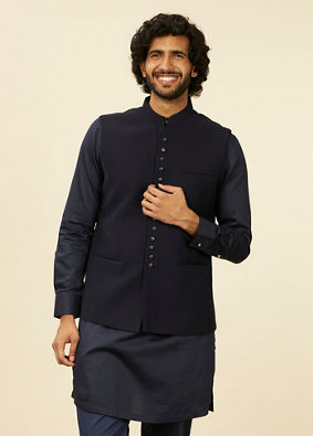 alt message - Manyavar Men Classic Dark Blue Nehru Jacket