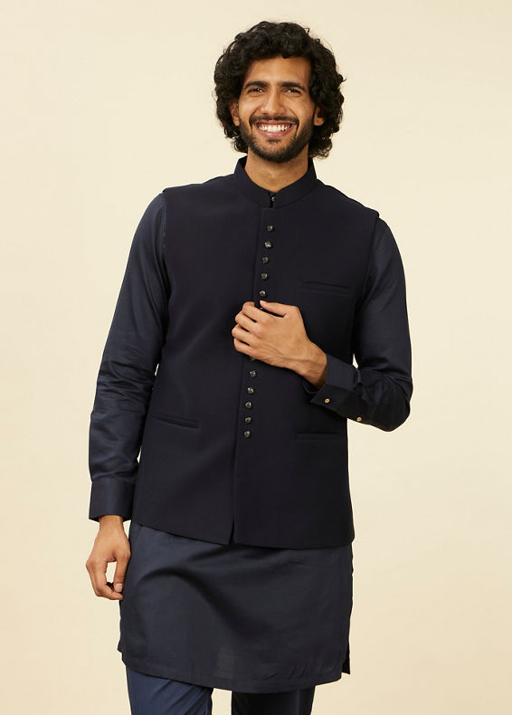 Manyavar Men Classic Dark Blue Nehru Jacket