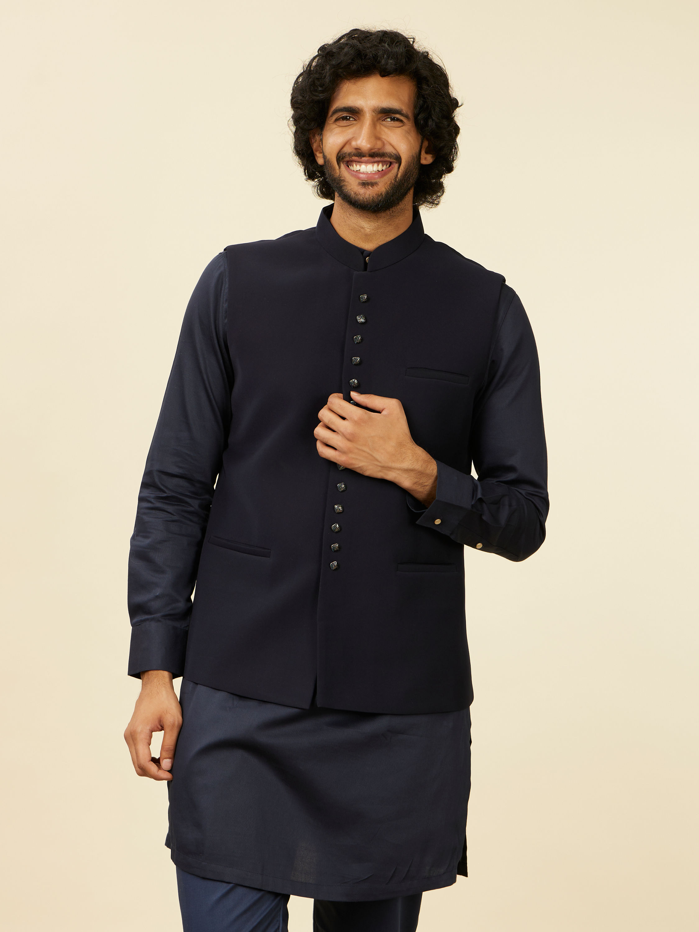 Manyavar Men Classic Dark Blue Nehru Jacket