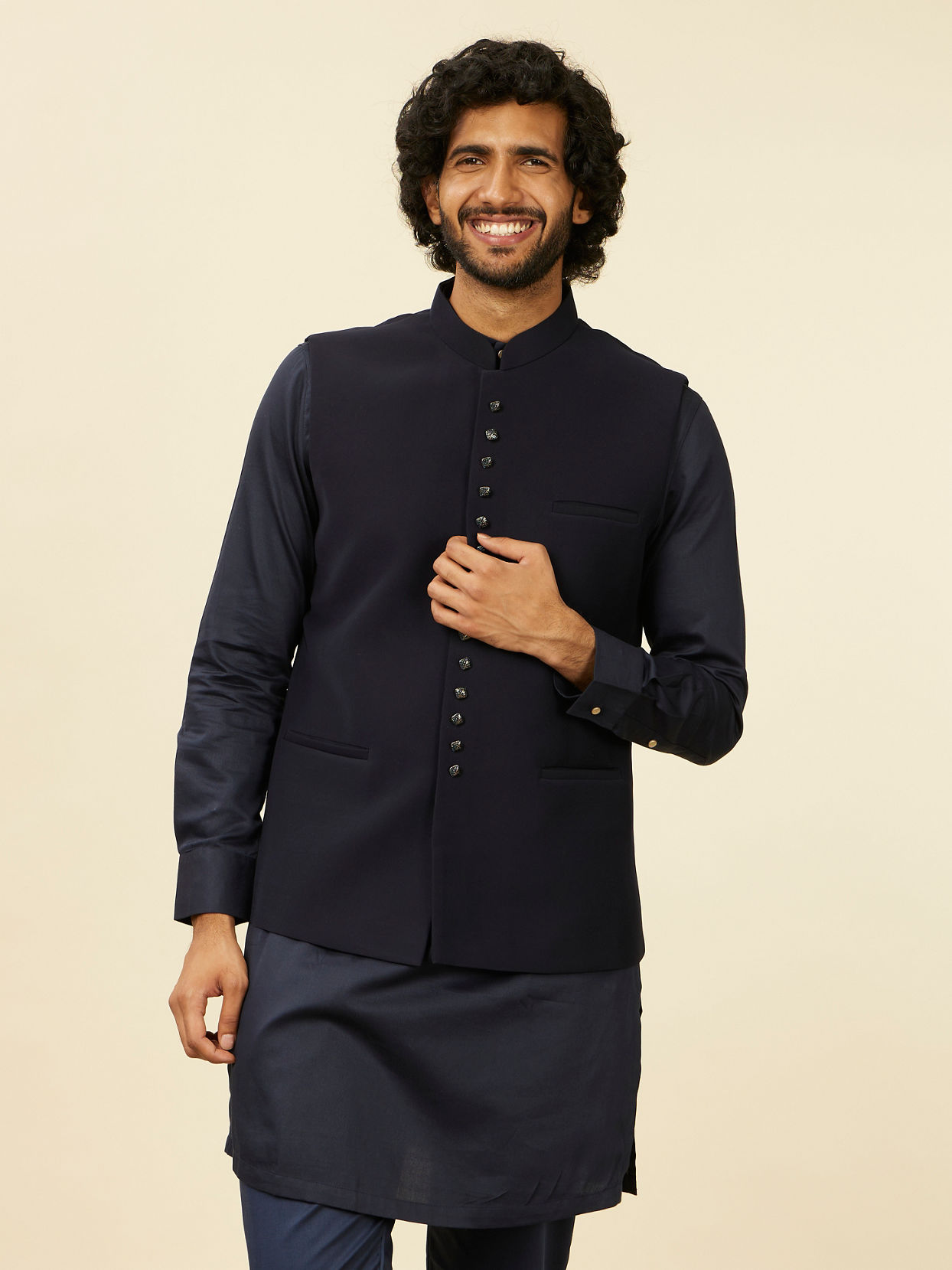 alt message - Manyavar Men Classic Dark Blue Nehru Jacket image number 0