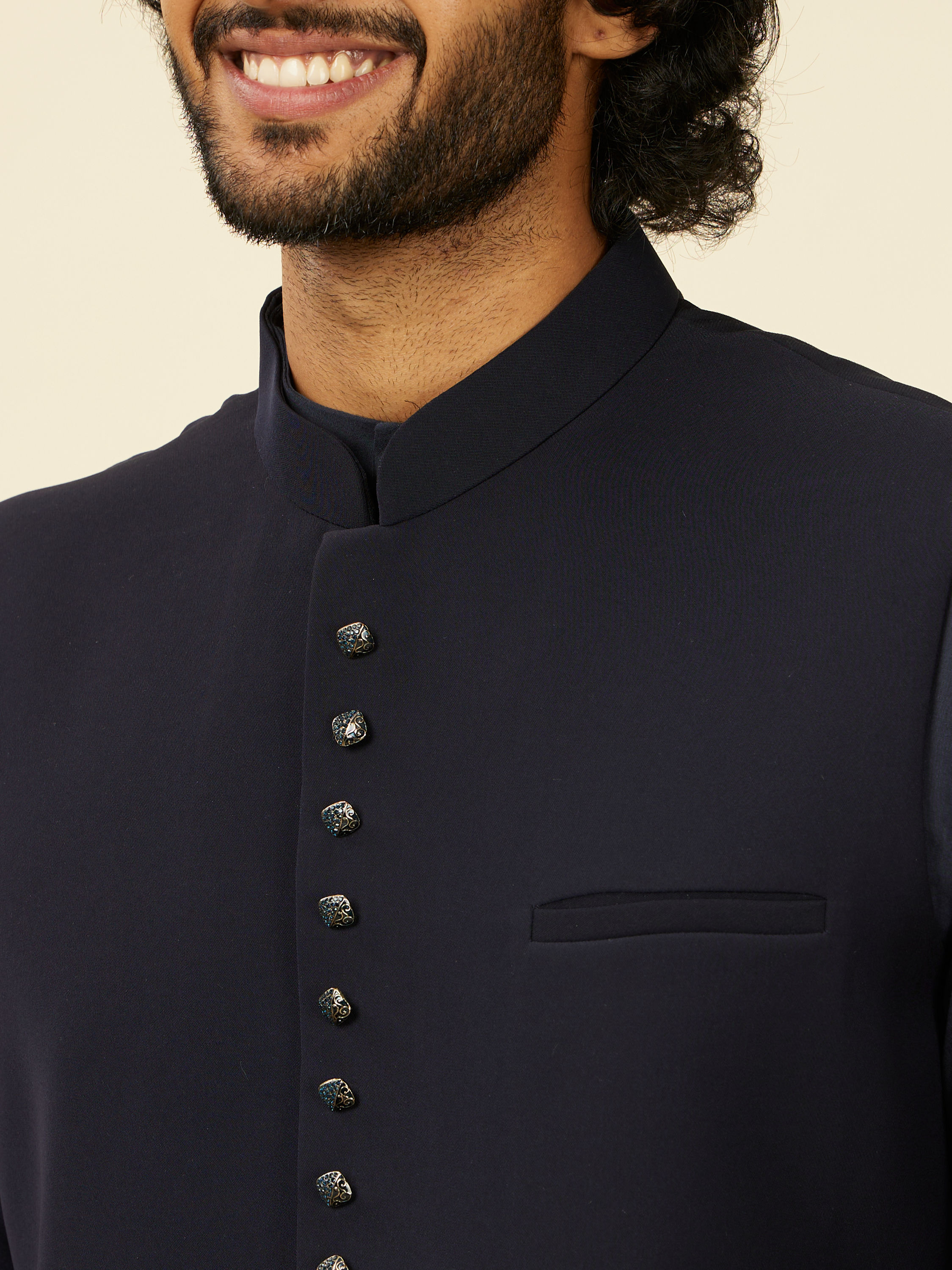 Manyavar Men Classic Dark Blue Nehru Jacket