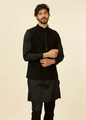 alt message - Manyavar Men Royal Black Nehru Jacket