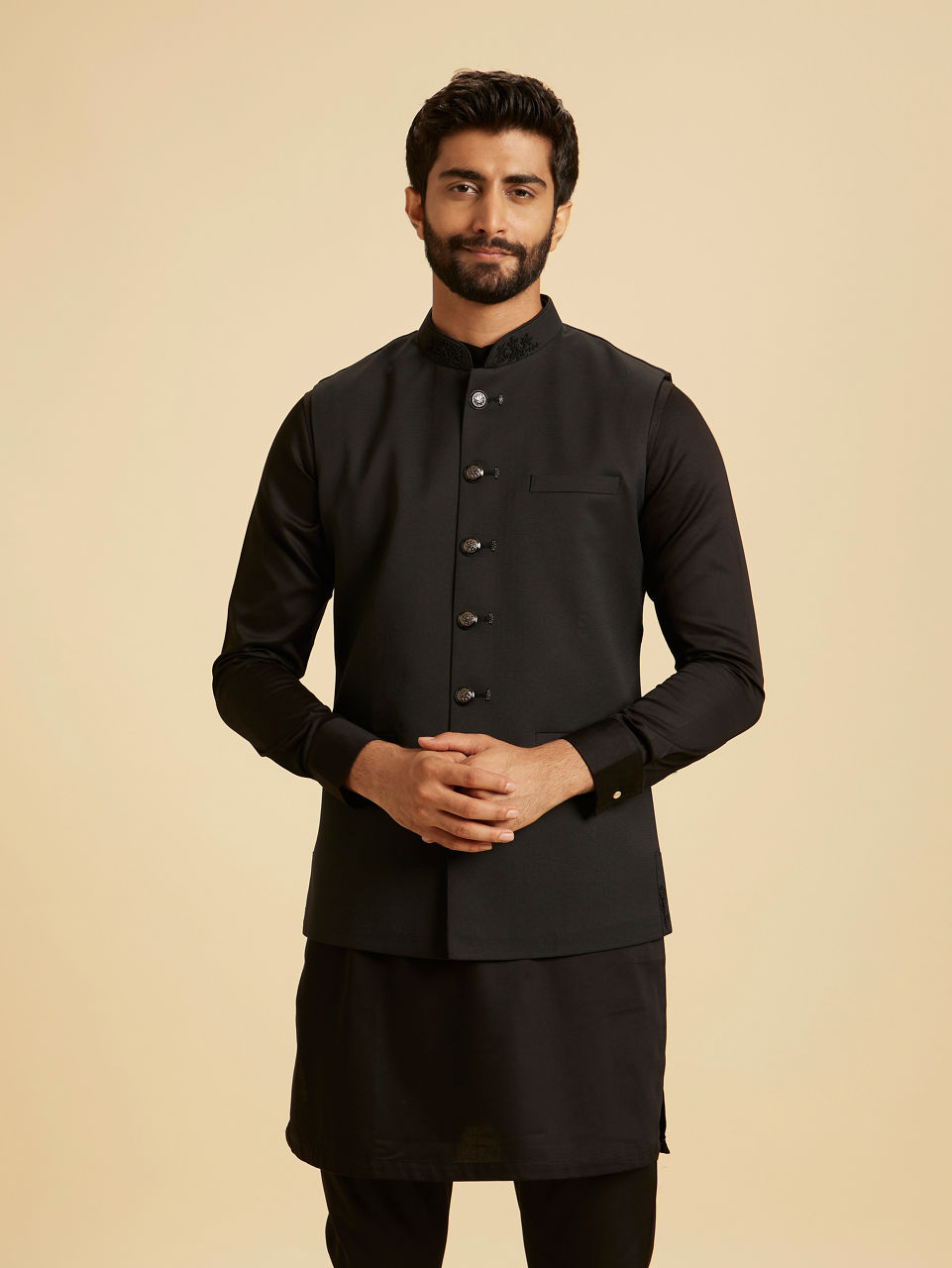 Manyavar Men Classy Black Nehru Jacket