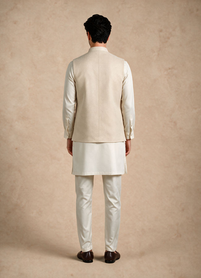 Manyavar Men Cream Blended Rayon Nehru Jacket