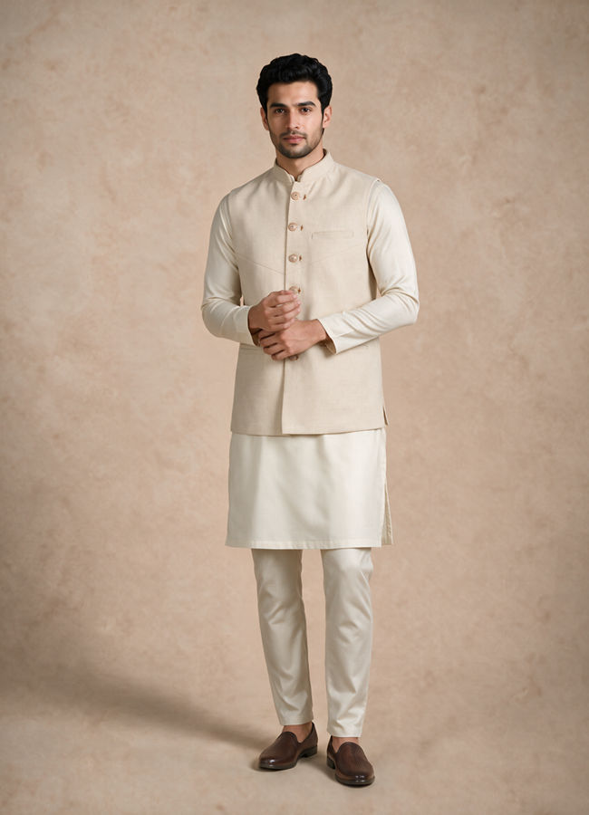 Manyavar Men Cream Blended Rayon Nehru Jacket
