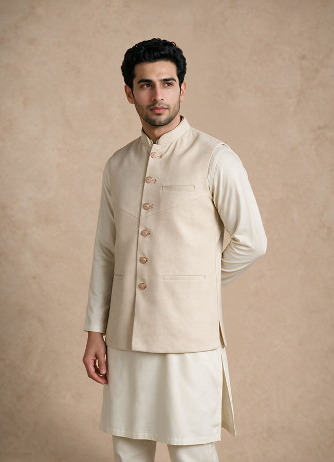 Manyavar Men Cream Blended Rayon Nehru Jacket