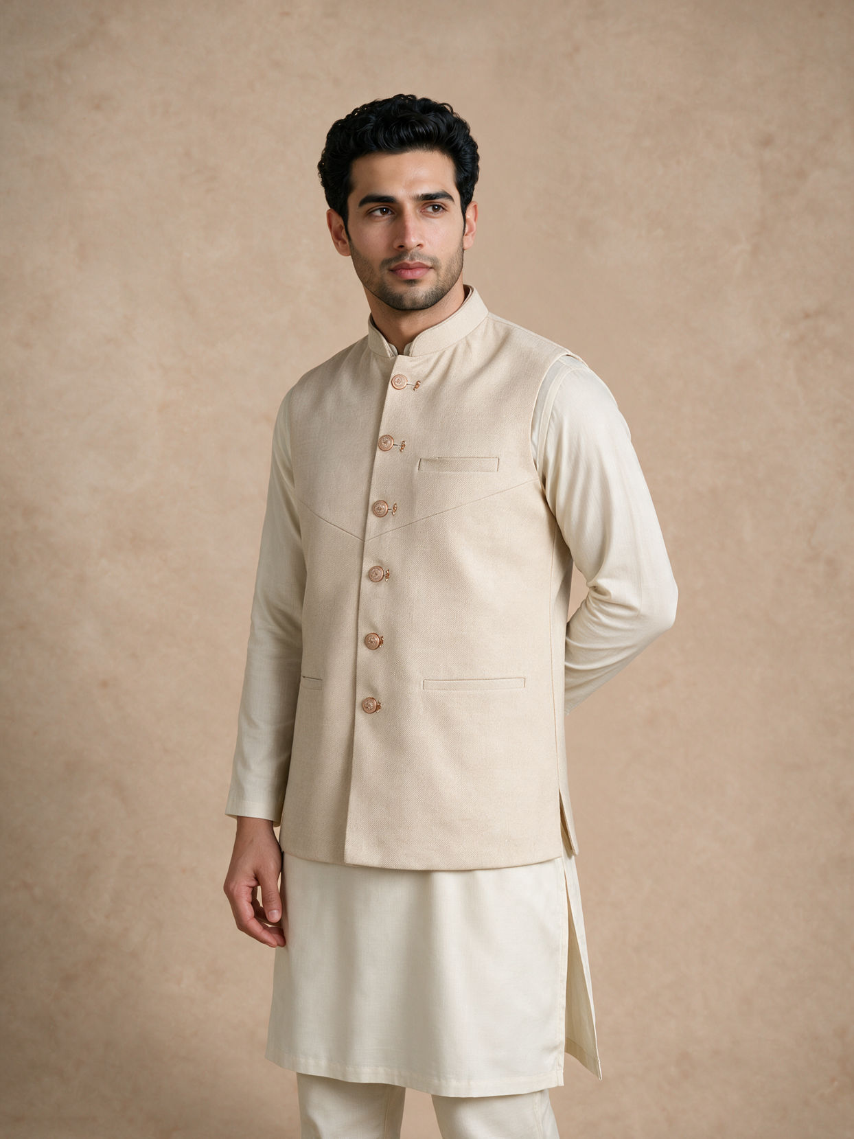 Manyavar Men Cream Blended Rayon Nehru Jacket