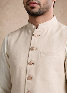 Manyavar Men Cream Blended Rayon Nehru Jacket