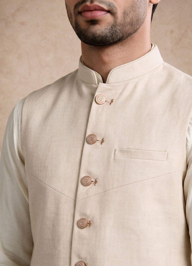 Manyavar Men Cream Blended Rayon Nehru Jacket