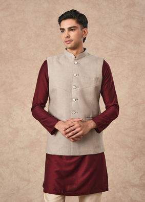 Manyavar Men Beige Blended Rayon Nehru Jacket