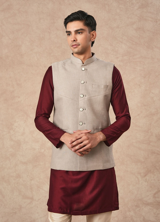 Manyavar Men Beige Blended Rayon Nehru Jacket