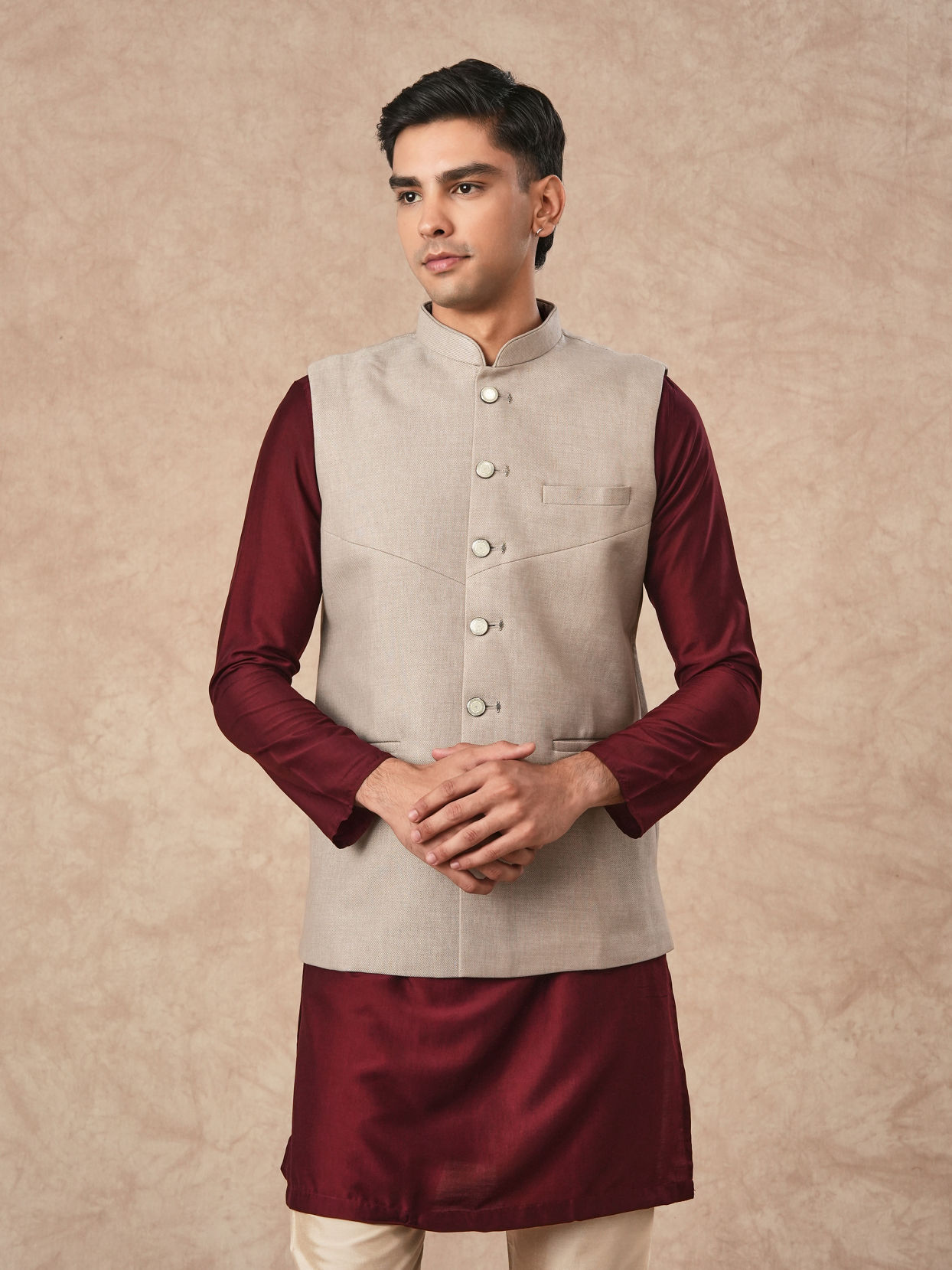 Manyavar Men Beige Blended Rayon Nehru Jacket