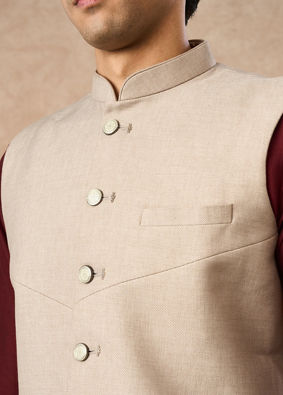 Manyavar Men Beige Blended Rayon Nehru Jacket