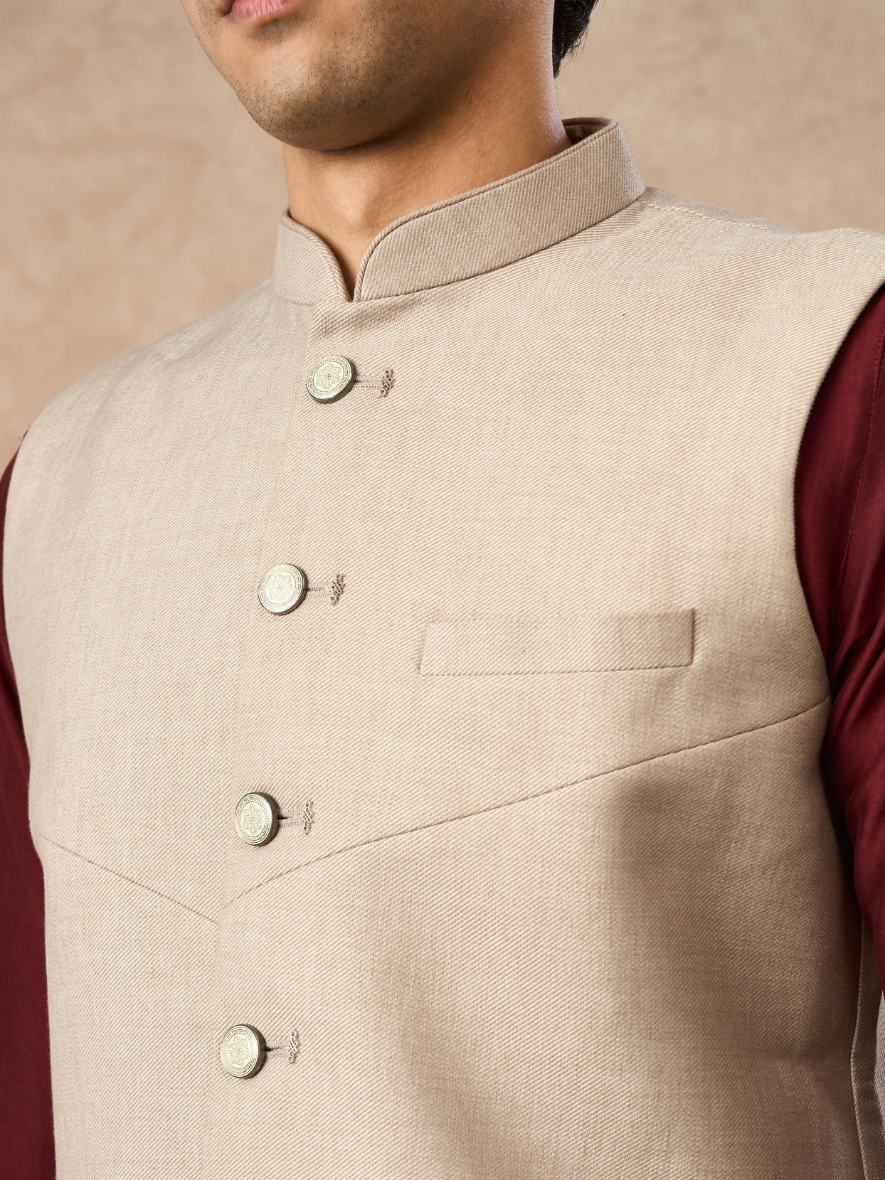 Manyavar Men Beige Blended Rayon Nehru Jacket