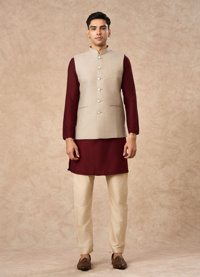 Manyavar Men Beige Blended Rayon Nehru Jacket