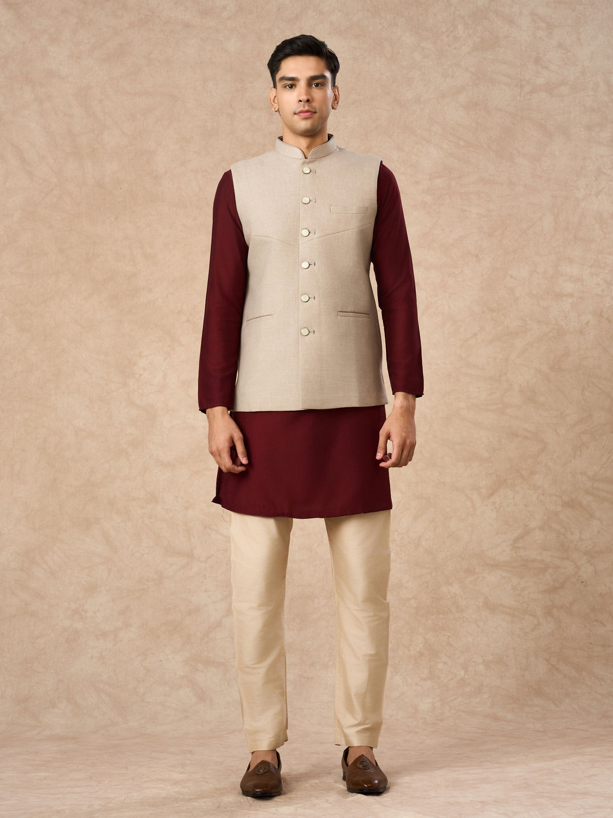 Manyavar Men Beige Blended Rayon Nehru Jacket