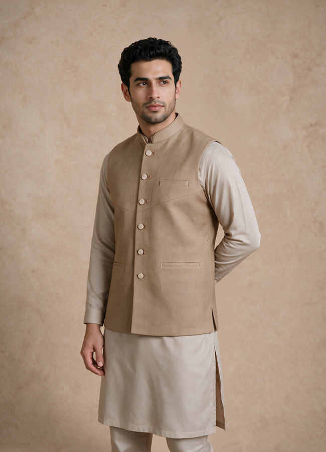 Manyavar Men Fawn Blended Rayon Nehru Jacket