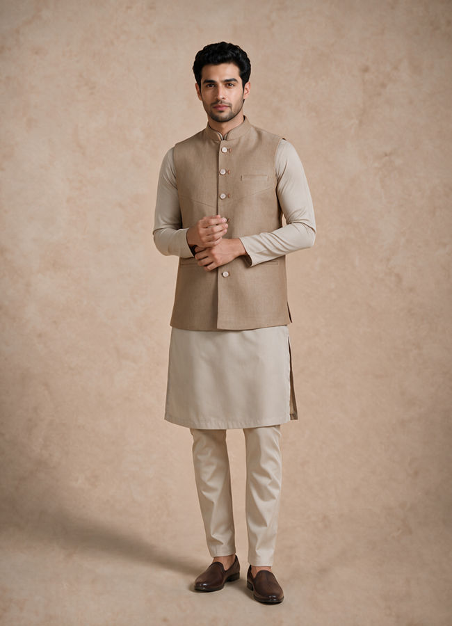 Manyavar Men Fawn Blended Rayon Nehru Jacket