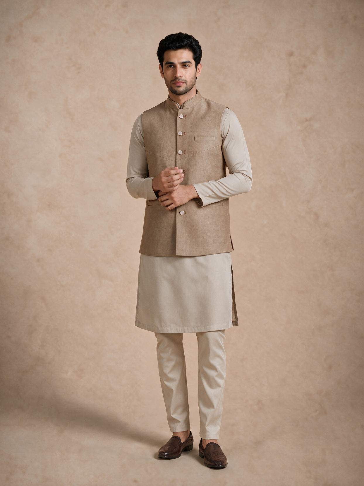 Manyavar Men Fawn Blended Rayon Nehru Jacket