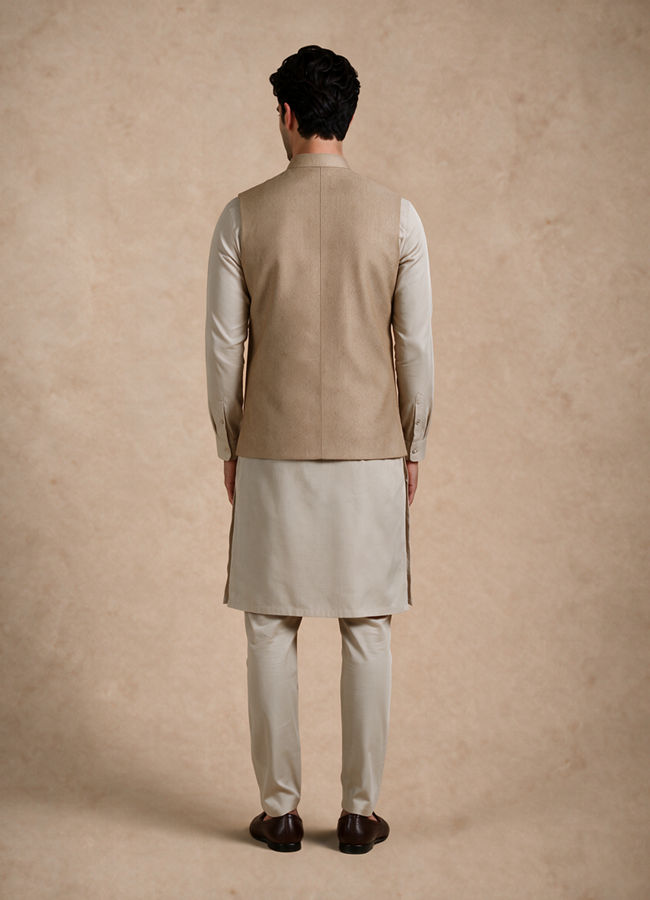 Manyavar Men Fawn Blended Rayon Nehru Jacket