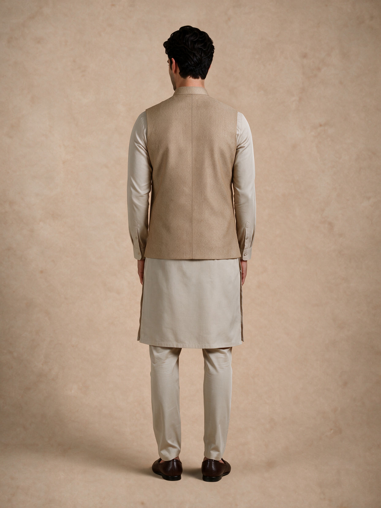 Manyavar Men Fawn Blended Rayon Nehru Jacket