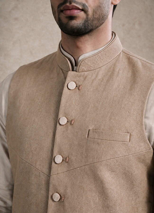 Manyavar Men Fawn Blended Rayon Nehru Jacket