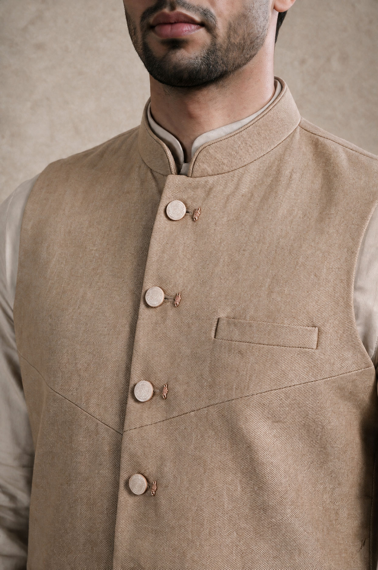Manyavar Men Fawn Blended Rayon Nehru Jacket