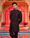 alt message - Manyavar Men Dark Blue Velvet Enchanting Ensemble Indo Western image number 0