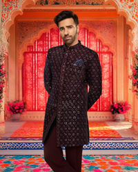 Manyavar Men Dark Blue Velvet Enchanting Ensemble Indo Western