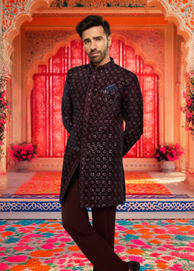 alt message - Manyavar Men Dark Blue Velvet Enchanting Ensemble Indo Western image number 0