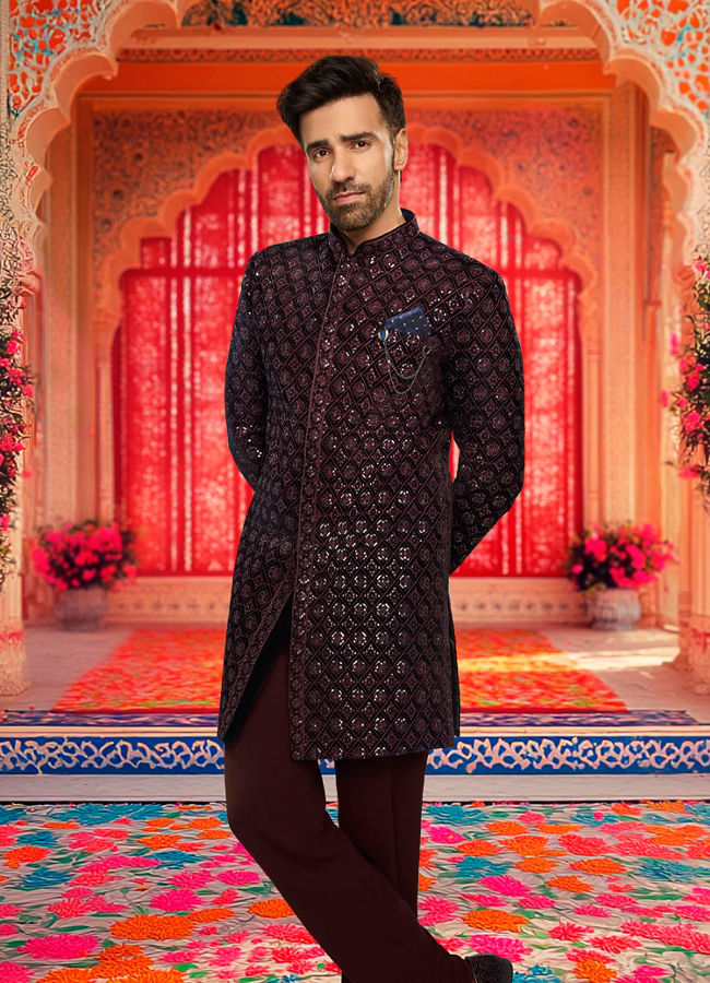 alt message - Manyavar Men Dark Blue Velvet Enchanting Ensemble Indo Western image number 0