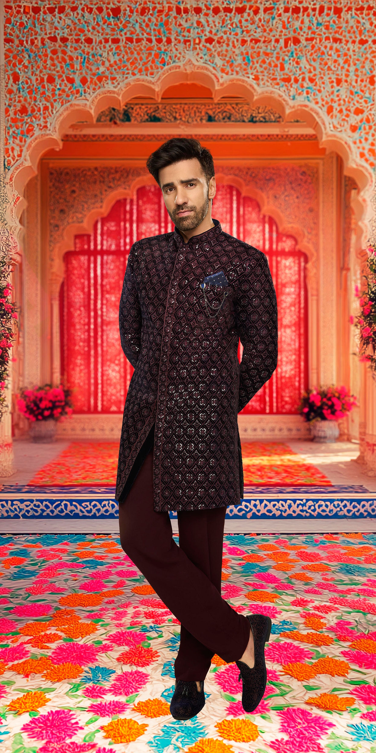 alt message - Manyavar Men Dark Blue Velvet Enchanting Ensemble Indo Western image number 0