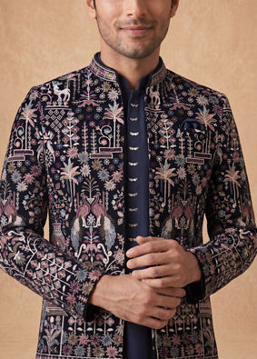 Manyavar Men Velvety Charm Dark Blue Open Jodhpuri Suit