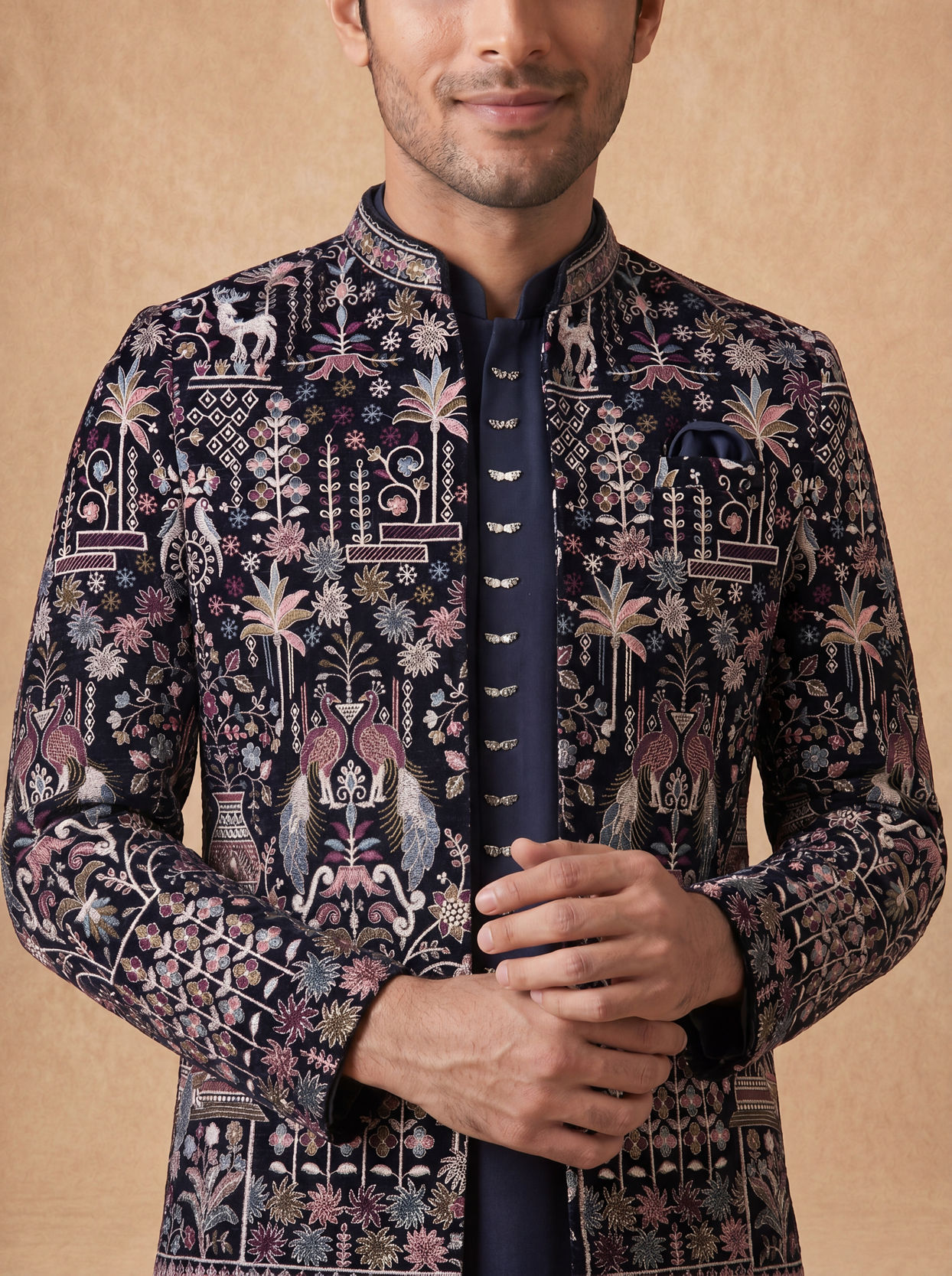 Manyavar Men Velvety Charm Dark Blue Open Jodhpuri Suit