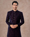 Manyavar Men Deep Blue and Wine Imperial Patterned Indo Western Set