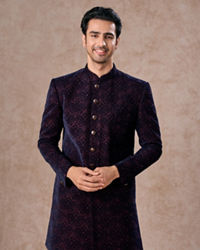 Manyavar Men Deep Blue and Wine Imperial Patterned Indo Western Set