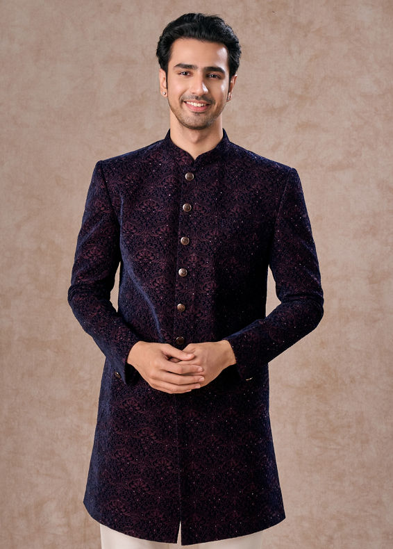 Manyavar Men Deep Blue and Wine Imperial Patterned Indo Western Set