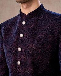 Manyavar Men Deep Blue and Wine Imperial Patterned Indo Western Set