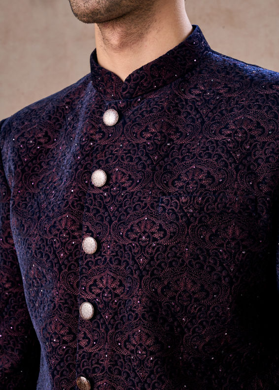 Manyavar Men Deep Blue and Wine Imperial Patterned Indo Western Set