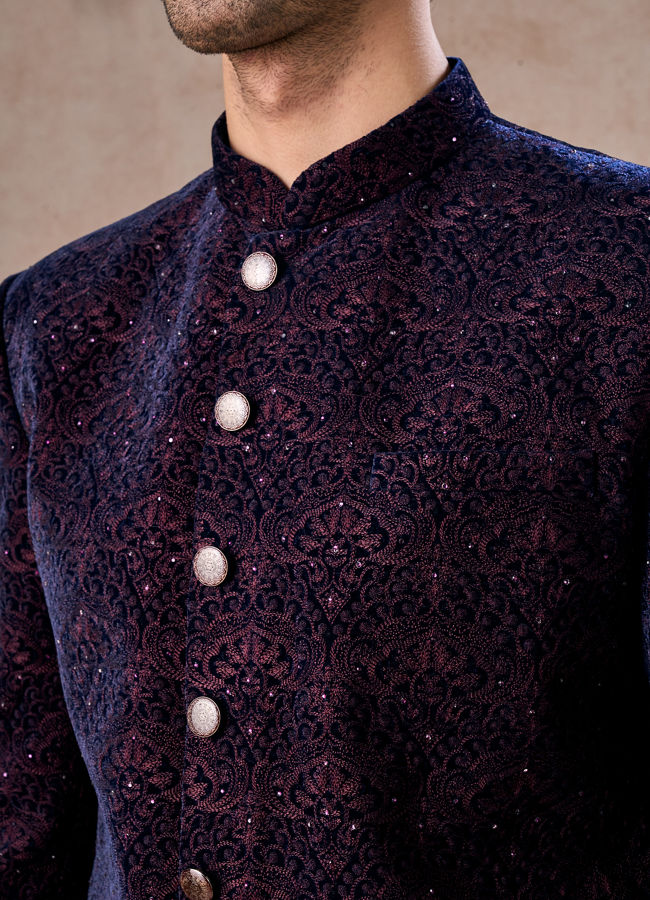 Manyavar Men Deep Blue and Wine Imperial Patterned Indo Western Set