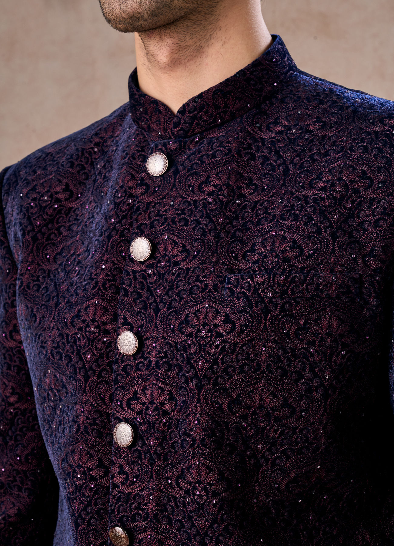 Manyavar Men Deep Blue and Wine Imperial Patterned Indo Western Set