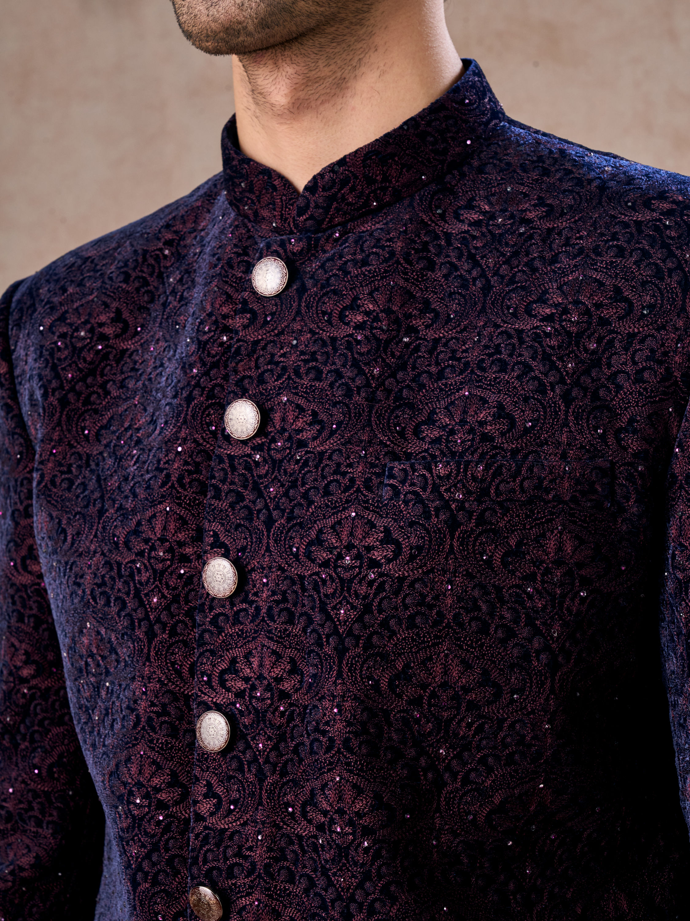 Manyavar Men Deep Blue and Wine Imperial Patterned Indo Western Set