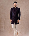 Manyavar Men Deep Blue and Wine Imperial Patterned Indo Western Set