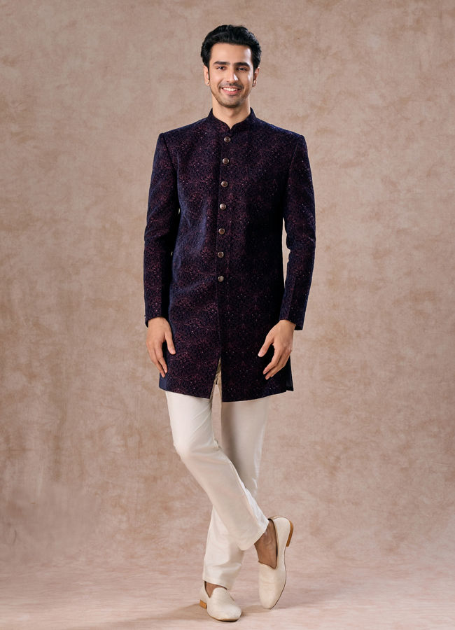 Manyavar Men Deep Blue and Wine Imperial Patterned Indo Western Set