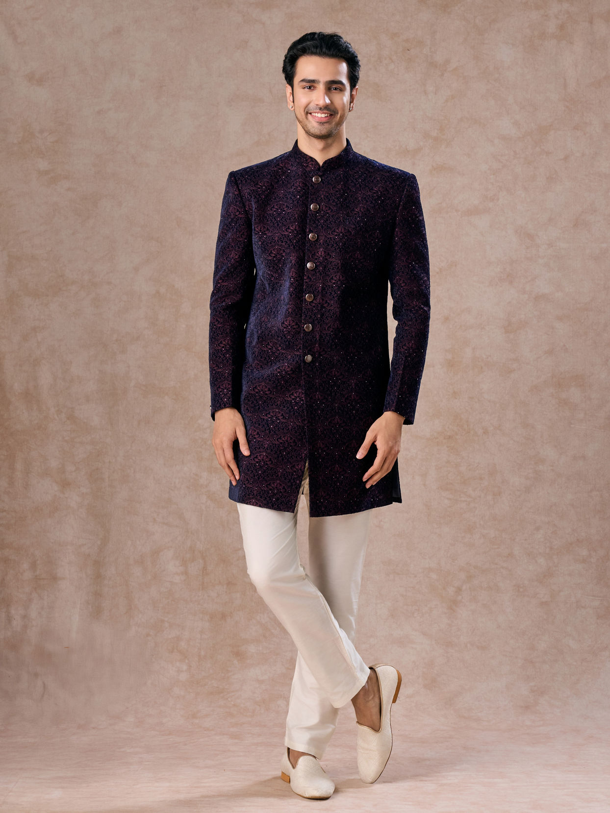 Manyavar Men Deep Blue and Wine Imperial Patterned Indo Western Set
