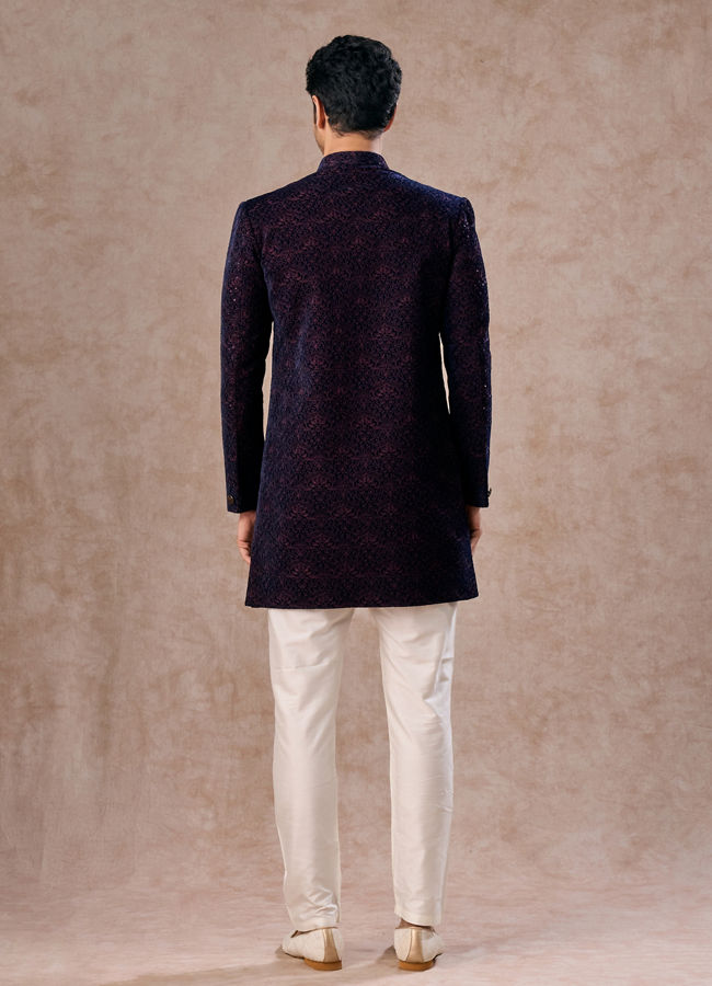 Manyavar Men Deep Blue and Wine Imperial Patterned Indo Western Set